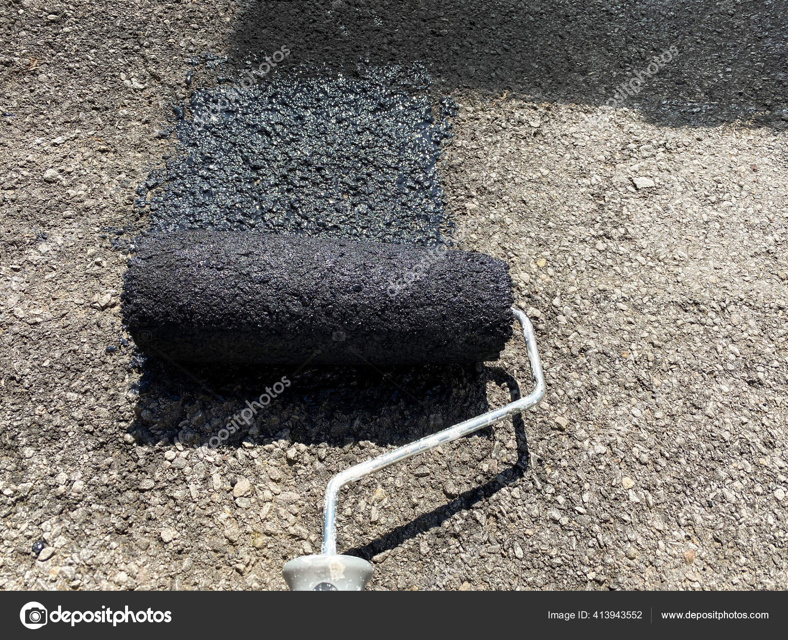 Paint Roller Being Used Seal Tarmac Driveway Black Paint Stock