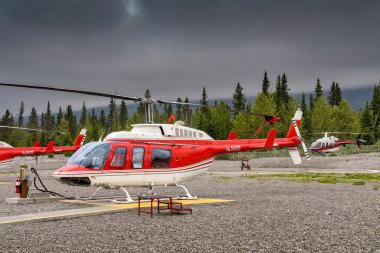 CANMORE, ALBERTA, CANADA - Haziran 2018: Canmore 'daki Alp Helikopterleri' nin altında kuyruk oluşturdular..