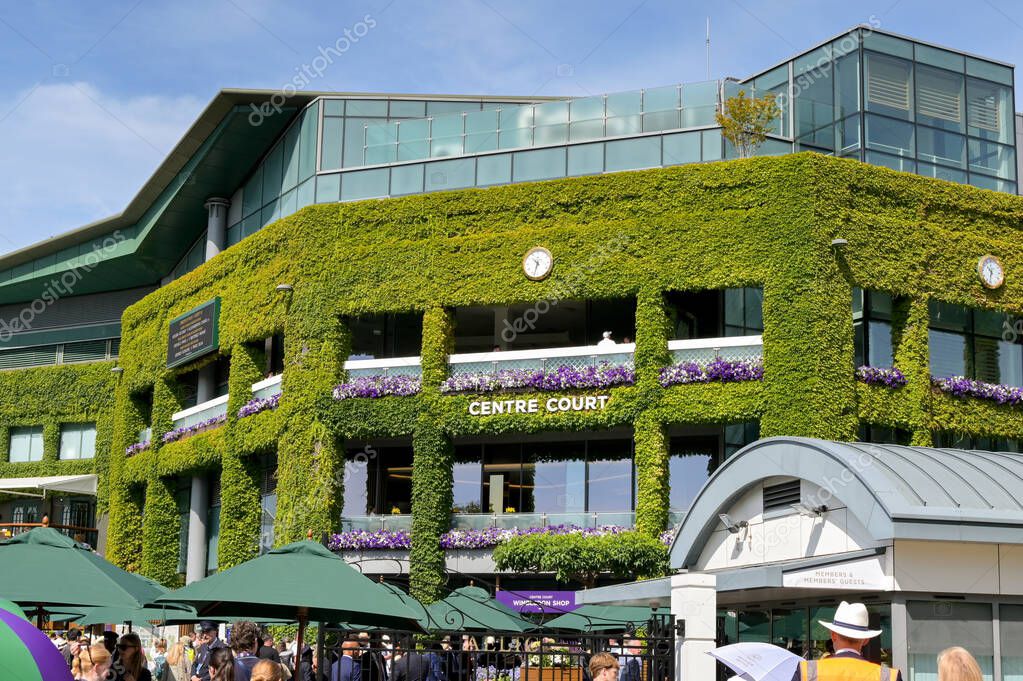 Wimbledon, London, England, UK - 4 July 2025: Exterior view of the Centre Court building at Wimbledon from the public road outside the All England Lawn Tennis and Croquet Club to enter the ground.