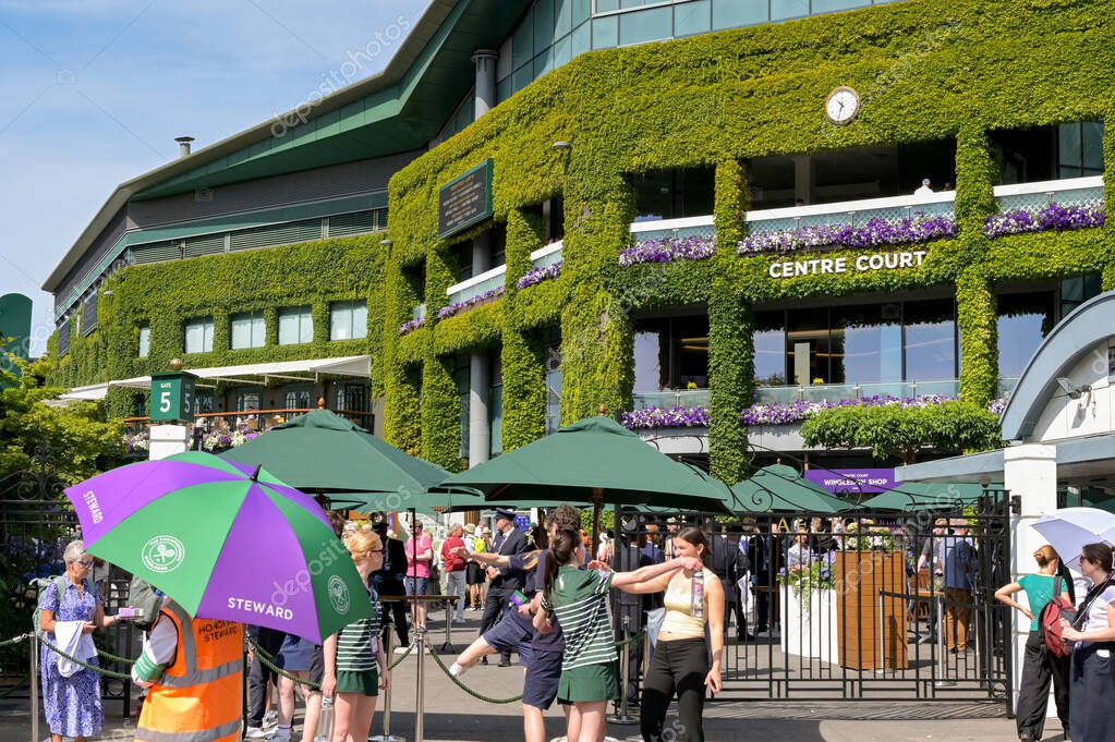 Wimbledon, London, England, UK - 4 July 2025: Exterior view of the Centre Court building at Wimbledon from the public road outside the All England Lawn Tennis and Croquet Club to enter the ground.