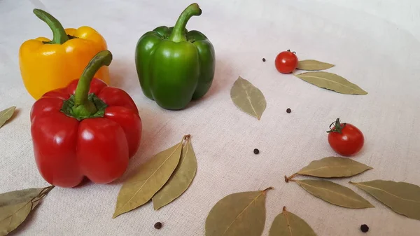 Pimienta Dulce Diferentes Colores Tomates Hoja Laurel Rojo Amarillo Verde —  Fotos de Stock