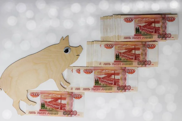 Symbol 2019 Świnia Spacery Rosyjski Banknotów 5000 Rubli Pojęcie Bogactwa — Zdjęcie stockowe