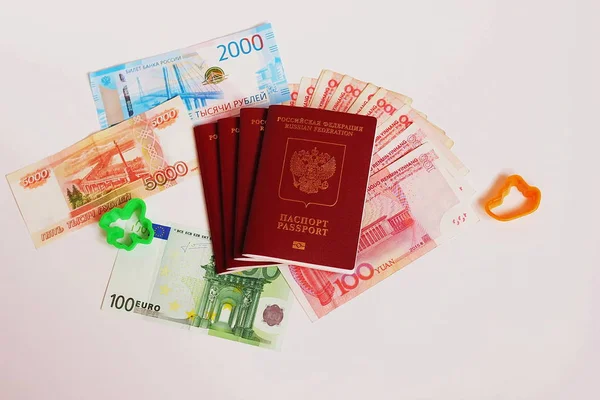 Passport Russian Federation Biometric Russian Passports Rubles Euro Yuan Trip — Stock Photo, Image