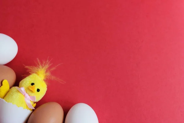A toy yellow chicken hatched from a white egg next to brown eggs. happy Easter. Space for text.