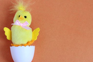 Sarı bir oyuncak tavuk oyuncak beyaz yumurtadan yumurtadan çıktı. Mutlu Paskalya. Yeni bir hayatın sembolü. Metin için alan.