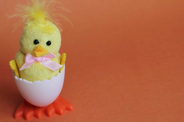 Sarı bir oyuncak tavuk oyuncak beyaz yumurtadan yumurtadan çıktı. Mutlu Paskalya. Yeni bir hayatın sembolü. Metin için alan.