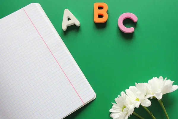 Taccuino scolastico accanto alle lettere ABC e crisantemi bianchi su sfondo verde . — Foto Stock