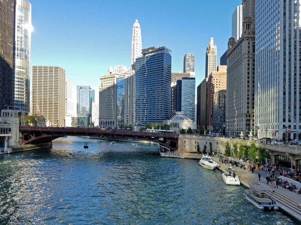 Chicago, Illinois 10-08-2016 View of the Chicago River, its bridges and surrounding buildings on a clear fall afternoon.
