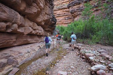 Sırt çantasıyla aile Hance Creek Büyük Kanyon hiking.