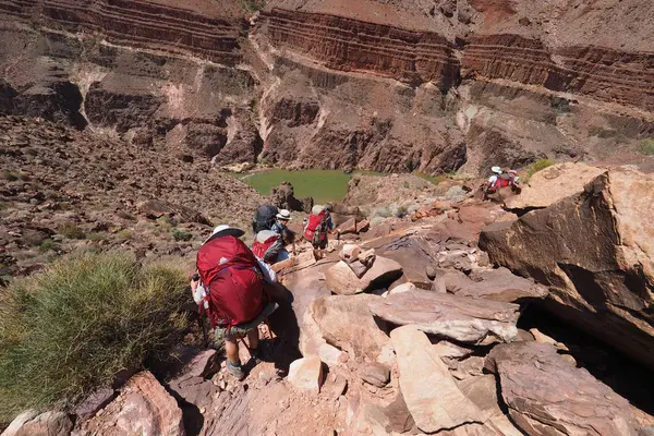 Backpackers på ett brant avsnitt av Tonto leden i Grand Canyon. — Stockfoto