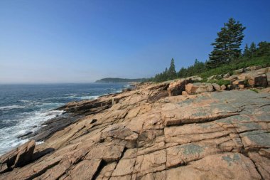 Acadia Milli Parkı 'nın engebeli kıyısı, Maine.