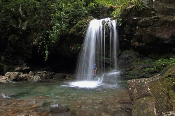 Büyük Smoky Dağları Ulusal Parkı 'ndaki Grotto Falls' un arkasındaki genç kadın..