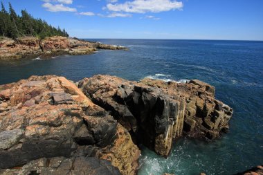 Acadia Milli Parkı 'nın engebeli kıyısı, Maine.