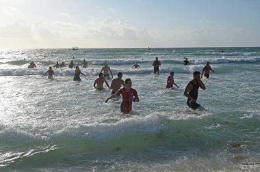 Triathletes 2019 South Beach Triatlon yüzme segmentinin sonunda.