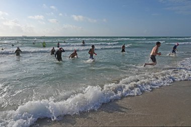 Triathletes 2019 South Beach Triatlon yüzme segmentinin sonunda.