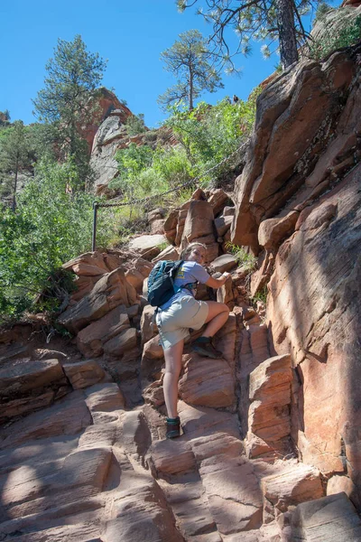 Jeune fille sur le sentier Angels Landing dans le parc national de Zion . — Photo