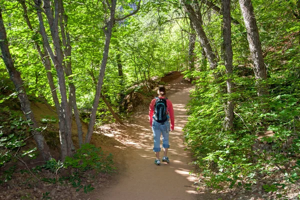 Jeune fille sur le sentier Emerald Falls dans le parc national de Zion . — Photo