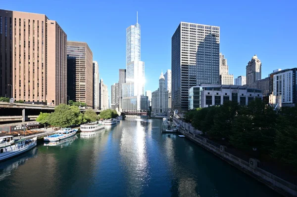 Trump Tower Chicago y los edificios circundantes reflejados en Chicago River . —  Fotos de Stock