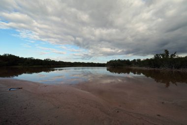 Everglades Ulusal Parkı 'ndaki Eco Pond üzerinde sabahın erken saatlerinde bulutlu hava.