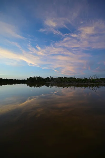 미국 플로리다주 에버글레이즈 국립 공원에 있는 에코 연못 위로 석양이 비치는 곳. — 스톡 사진