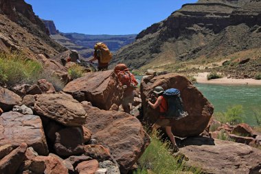 Backpackers on backcountry trail by Colorado River in Grand Canyon. clipart