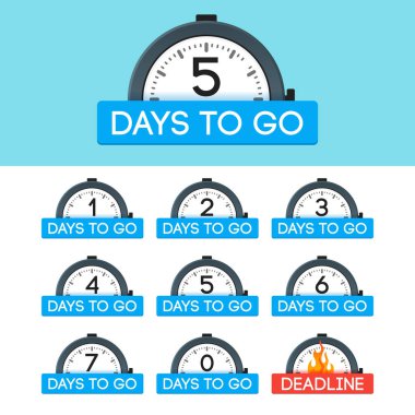 0, 1, 2, 3, 4, 5, 6, 7 gün kaldı. Vektör rozeti ile alarm saati ayarla