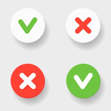 Dört web düğmesi. Yeşil işaret ve iki farklı kırmızı haç. Vektör düz resimleme