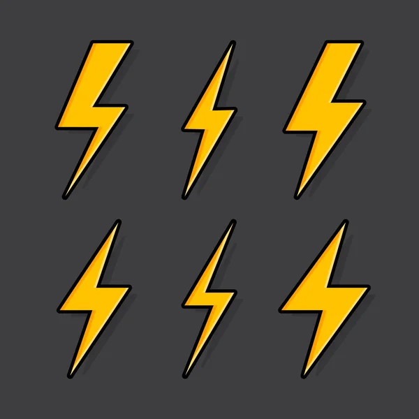 Thunder and Bolt Lighting Flash Icons Set. Flat Style on Dark Background. — Stock Vector