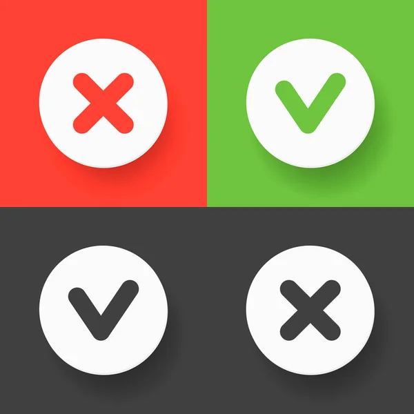 Nastavená webová tlačítka - zelená kontrolní značka, červené křížové a šedé varianty. Vektorové ploché ilustrace. — Stockový vektor