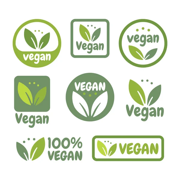 Veganer Ikonensatz. Bio, Ökologie, Bio-Logos und -Symbol, Etikett, Etikett. Grünes Blatt-Symbol auf weißem Hintergrund. — Stockvektor