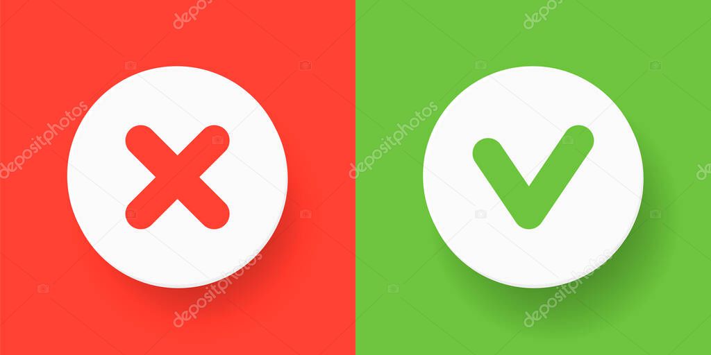 A set web buttons - green check mark and red cross. Vector flat illustrations.