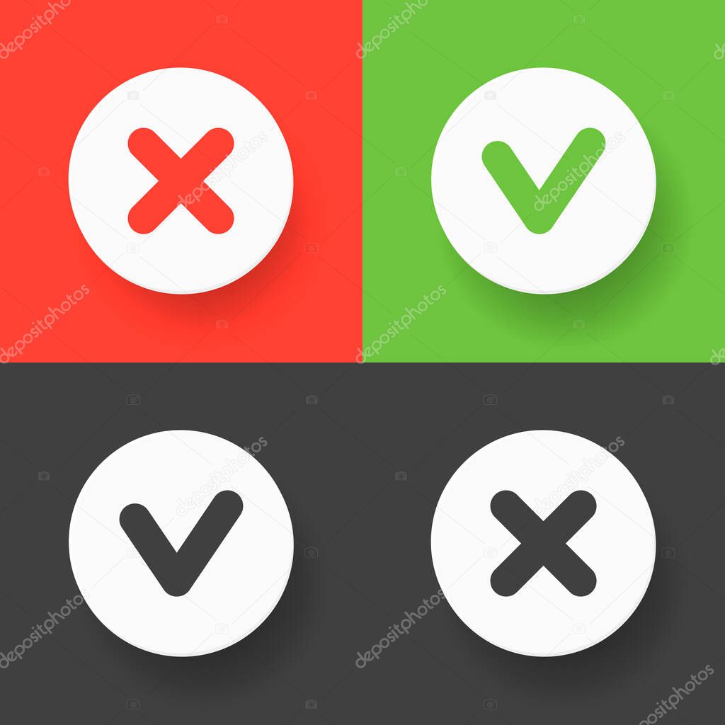 A set web buttons - green check mark, red cross and gray variants signs. Vector flat illustrations.