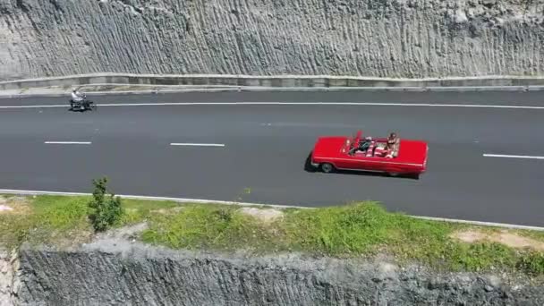 Beautiful Girl Bathing Suit Riding Red Cabriolet Mountain Road — Stock Video