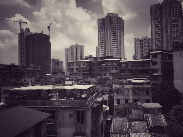 black and white buildings in the city