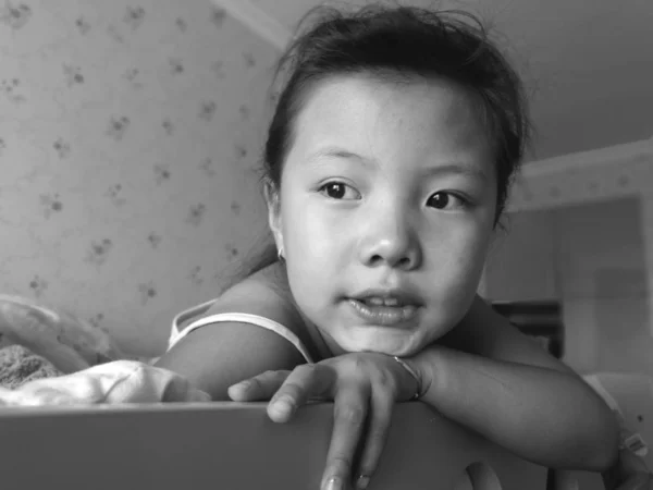 asian little girl in black and white