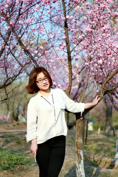 Asian woman near in flowers blossom on the tree