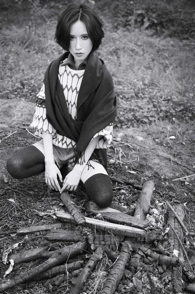 Black and white photo of asian woman