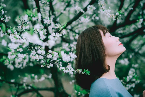 Schönes Mädchen Einem Blühenden Kirschgarten — Stockfoto