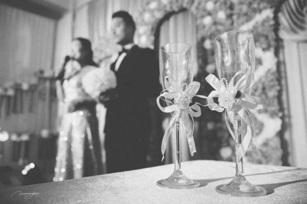 Black and white photo of couple during wedding