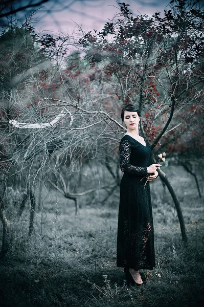 Portrait Woman Black Dress Forest — Stock Photo, Image