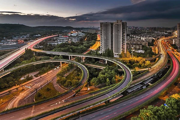 Vista Aerea Dell Autostrada Città Notte — Foto Stock