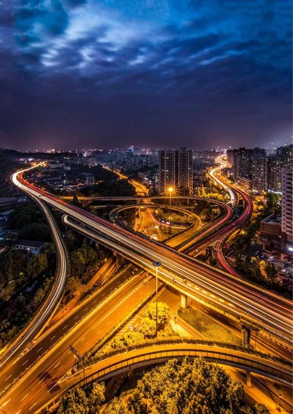 Воздушный Вид Шоссе Город Ночное Время — стоковое фото