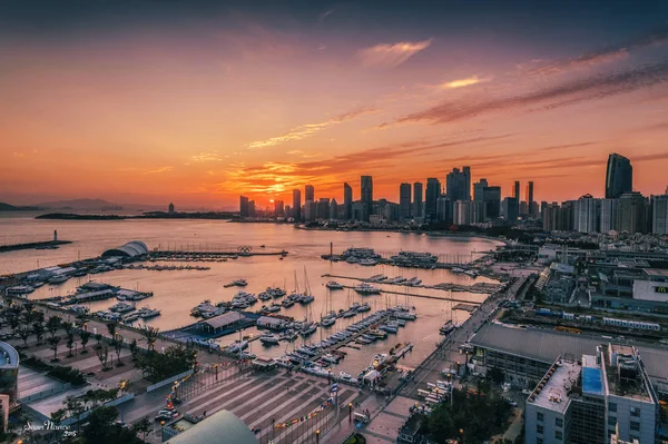 Vista Aérea Ciudad Dubai Atardecer — Foto de Stock