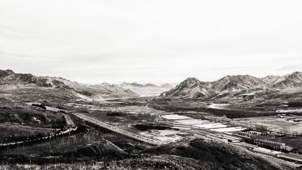 black and white mountain landscape.