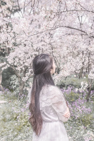 Schöne Junge Frau Posiert Blühenden Frühlingsgarten — Stockfoto