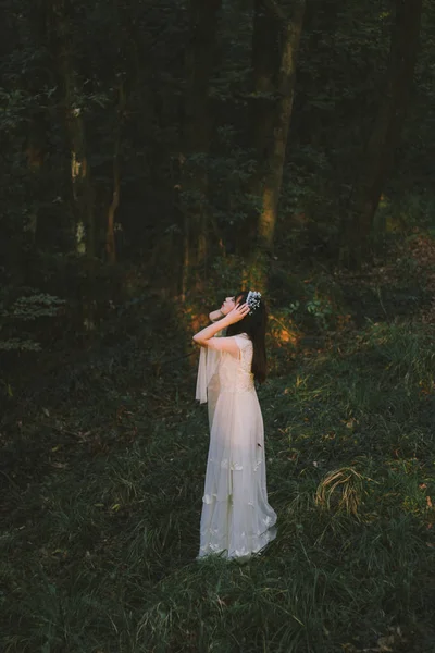 Beautiful Young Woman White Dress Forest — Stock Photo, Image