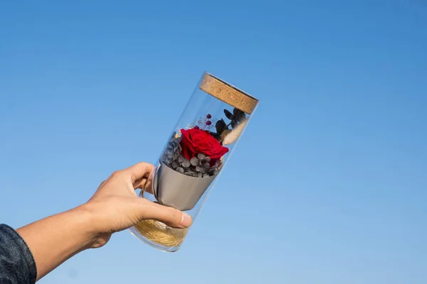 Mão Segurando Copo Café Com Sorvete Fundo Azul — Fotografia de Stock