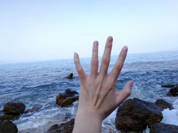 hand of a man with a rock in the sea