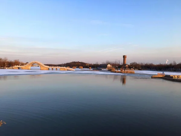 Vista Ciudad Del Río Invierno — Foto de Stock