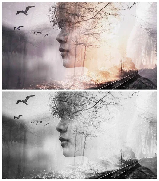 Collage Van Een Jonge Man Met Een Vliegend Haar — Stockfoto